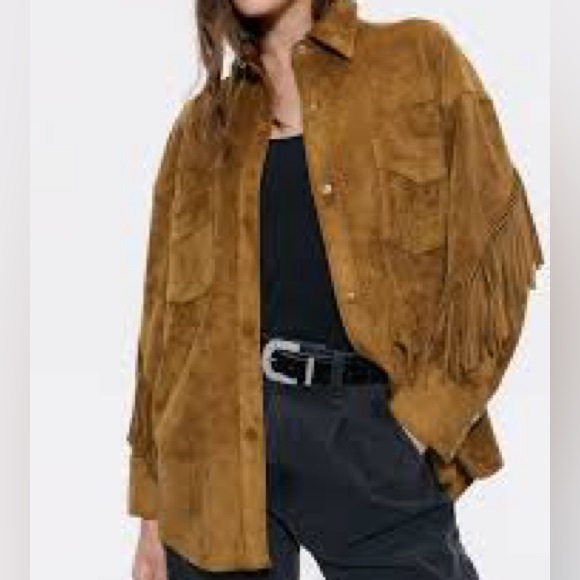 Zara Faux Suede Overshirt /shacket with Fringe - Picture 7 of 10